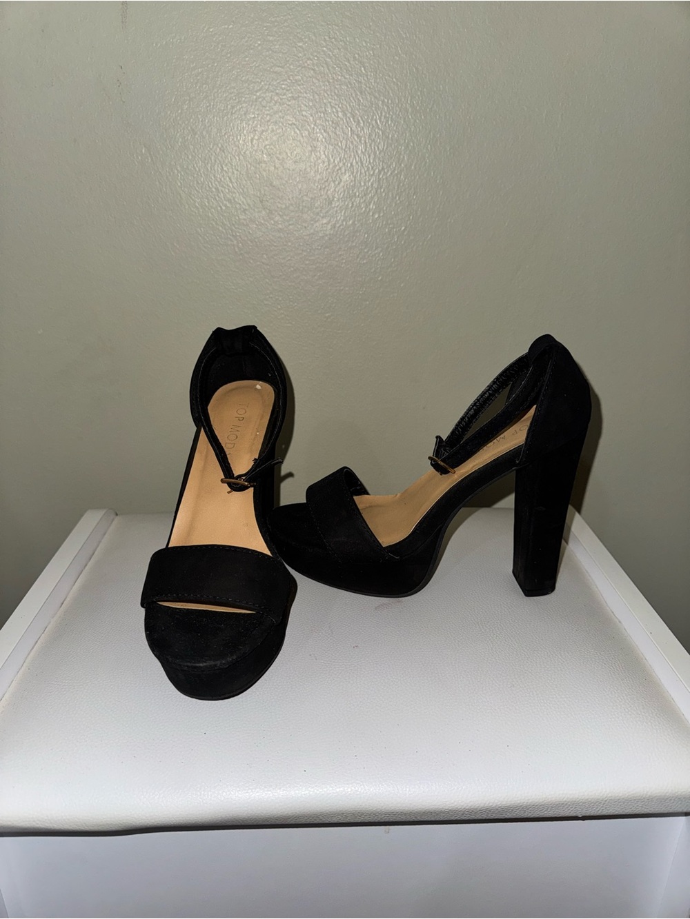 Women's Black Suede Platform Block Heel Sandals with Ankle Strap